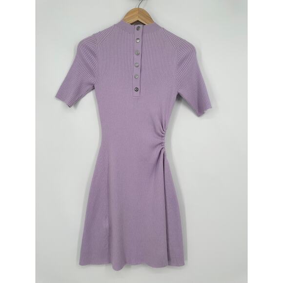 Maje Reine Dress Rib Knit Short Sleeve Mock Neck Fit and Flare Mini Light Purple - Picture 11 of 14